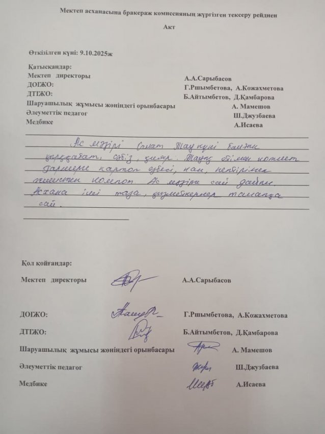 Мектеп асханасына бракераж комиссияның жүргізген тексеру рейді